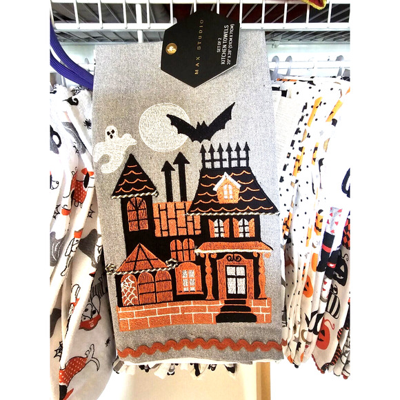 MAX STUDIO Kitchen Towels 2 Pk Haunted House ,Ghost, Bat 20 X 28 - Picture 1 of 2